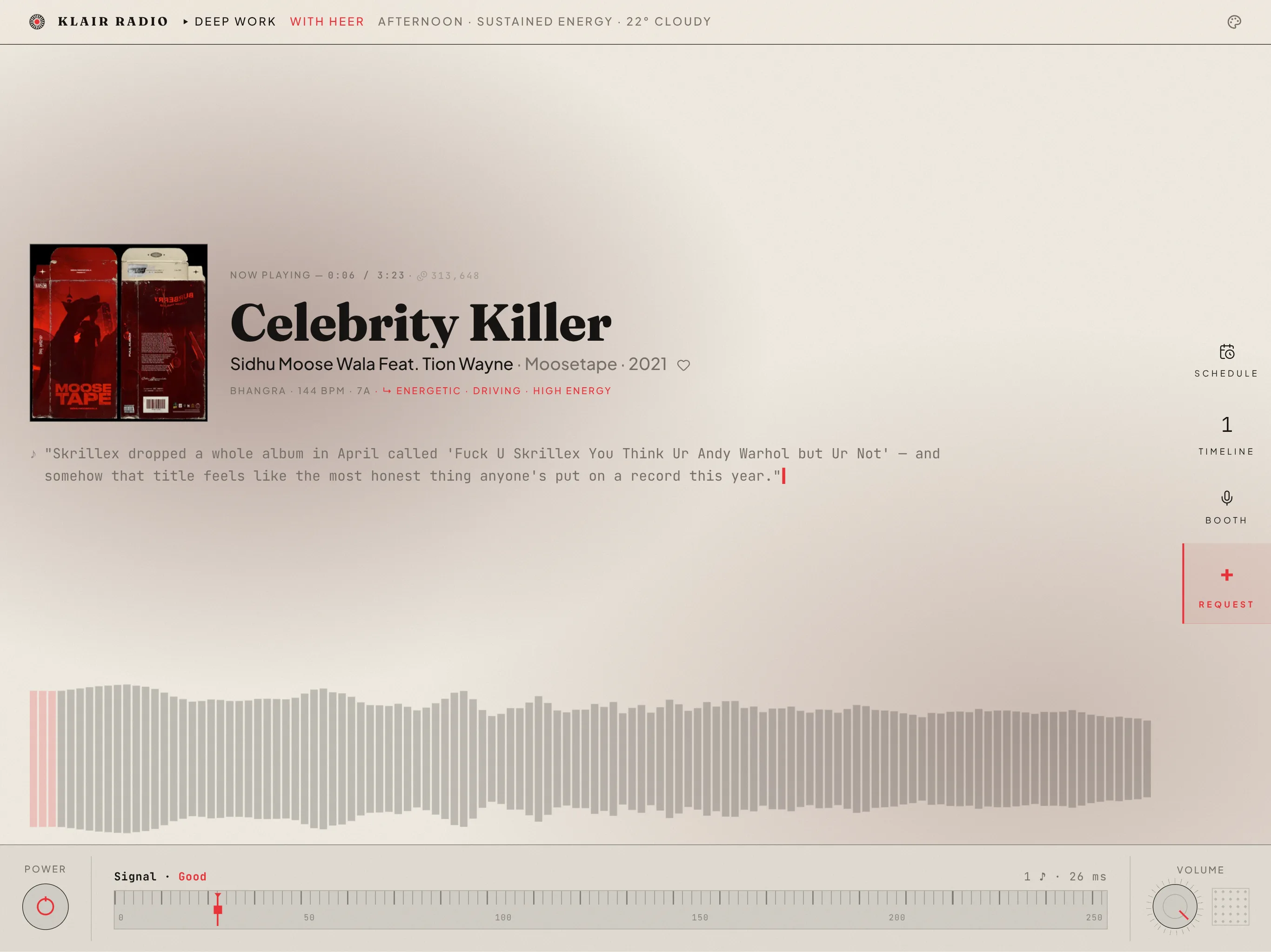 The Classic player face: show and weather along the top, cover art beside the track title and artist, a line from the DJ underneath, the panel rail on the right, and a waveform above the transport bar